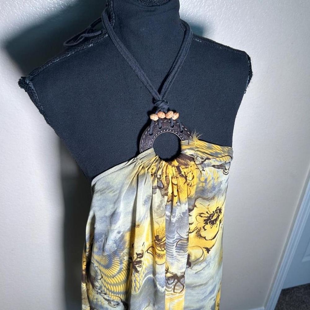 2000s Y2K Boho Beaded Halter Dress Yellow Brown Floral One Size OS